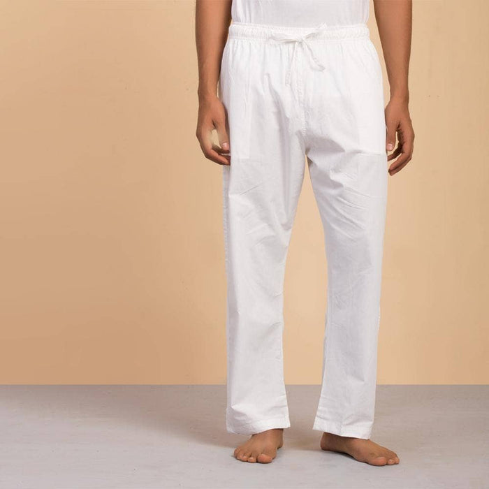 Men’s Organic Cotton Sadhana Pyjama. Solid white. Breathable fabric. Comfortable for Sadhana.