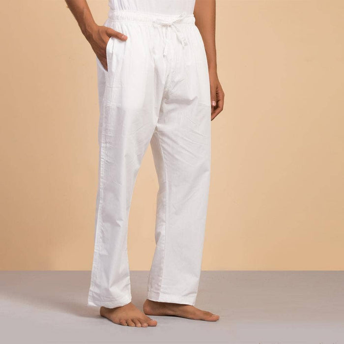 Men’s Organic Cotton Sadhana Pyjama. Solid white. Breathable fabric. Comfortable for Sadhana.